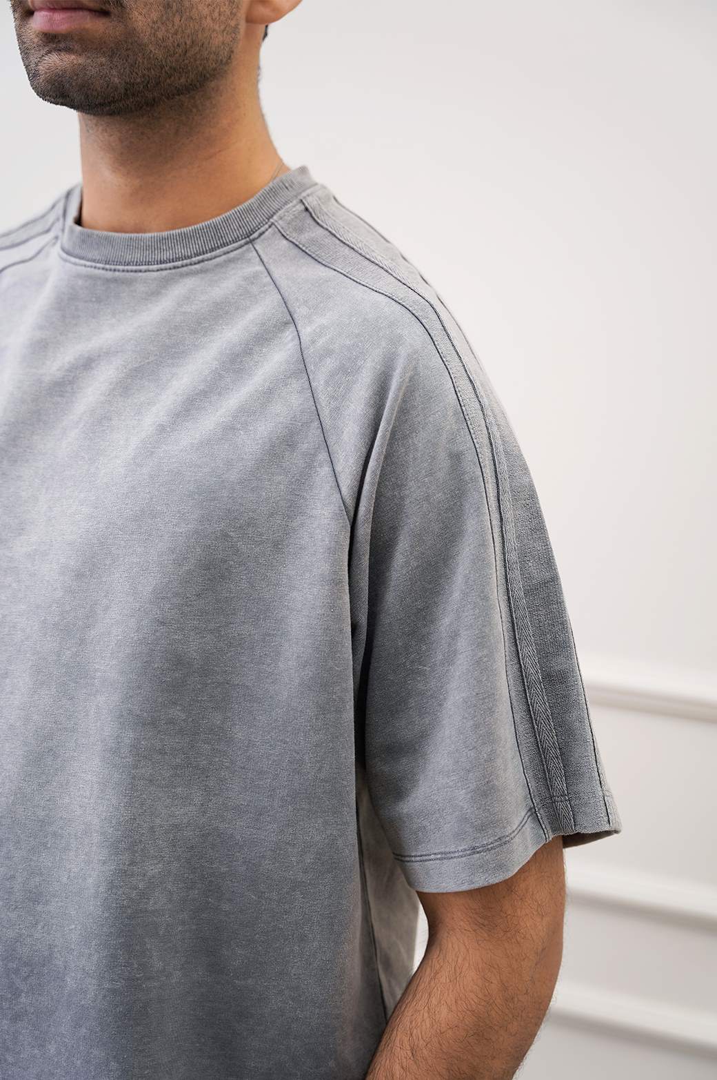 Grey Acid Wash Raglan Loose Fit Soft T-Shirt
