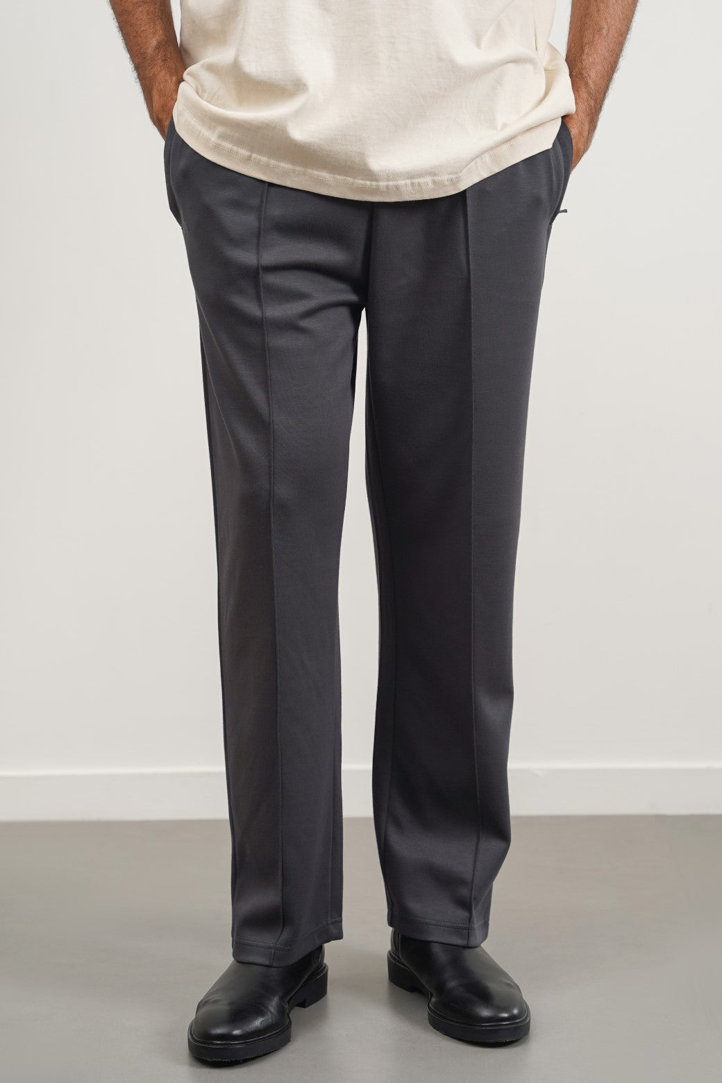 Charcoal Super Soft Relaxed Fit Knitted Pants with Front Seam Detail