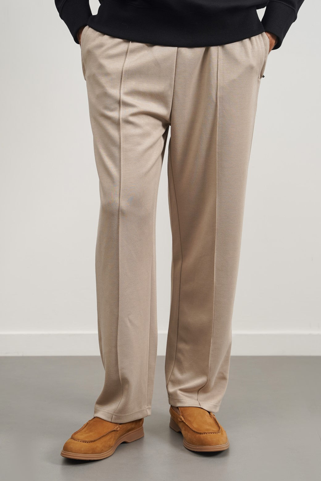 Khaki Super Soft Relaxed Fit Knitted Pants with Front Seam Detail