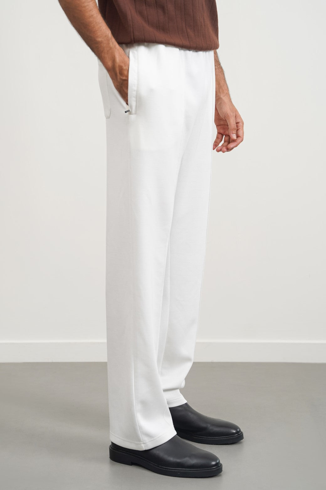 White Relaxed Fit Super Soft Knitted Pants with Front Seam Detail