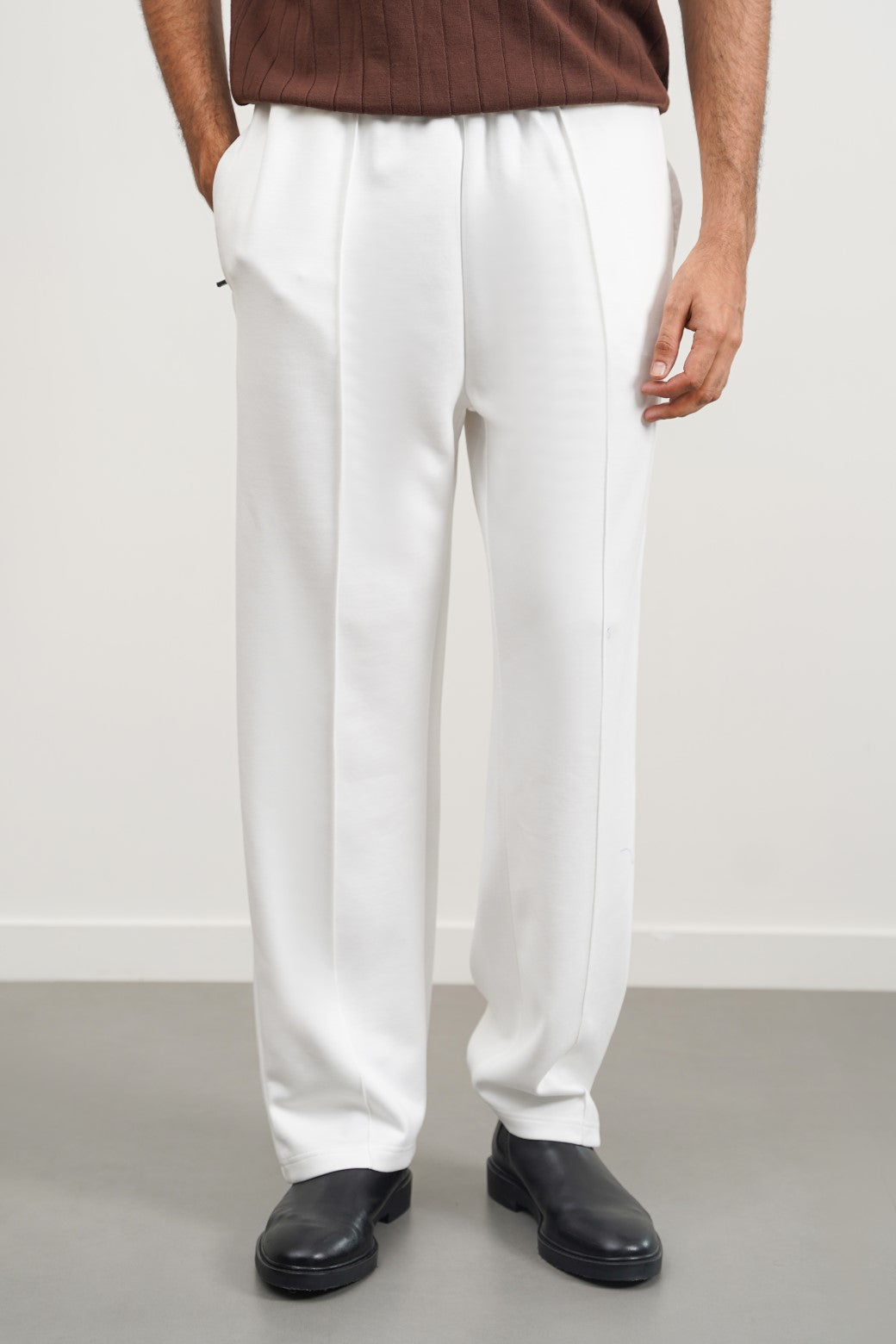 White Relaxed Fit Super Soft Knitted Pants with Front Seam Detail