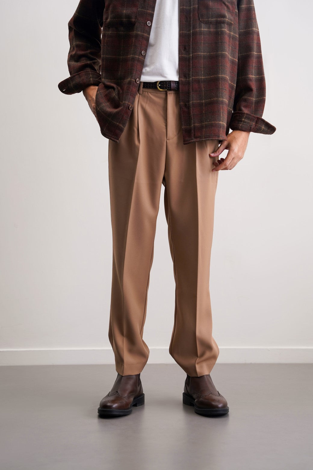 Khaki Soft Terry Tailored Adjustable Pants with Elastic Waistband and Front Pleat
