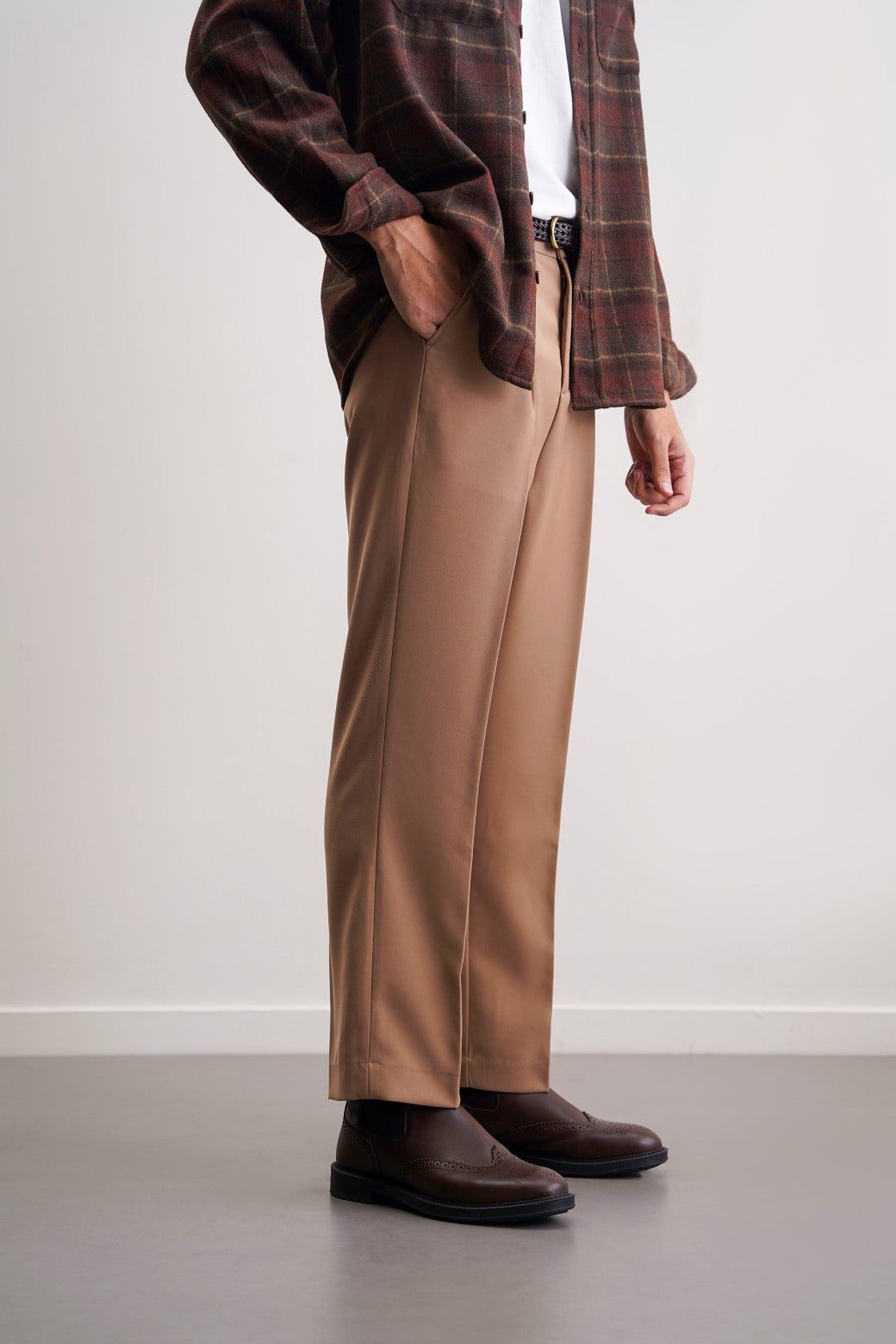 Khaki Soft Terry Tailored Adjustable Pants with Elastic Waistband and Front Pleat