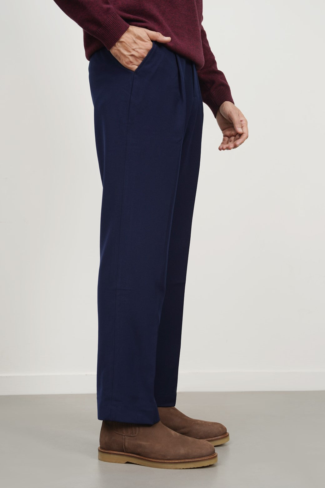 Navy Soft Terry Tailored Adjustable Pants with Elasticated Waistband and Front Pleat