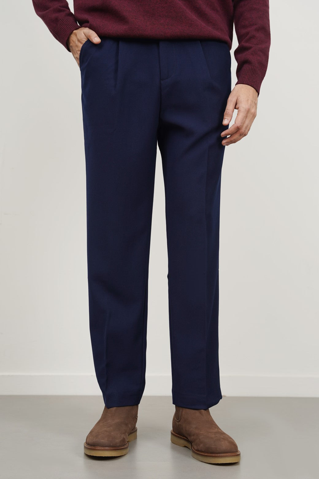 Navy Soft Terry Tailored Adjustable Pants with Elasticated Waistband and Front Pleat
