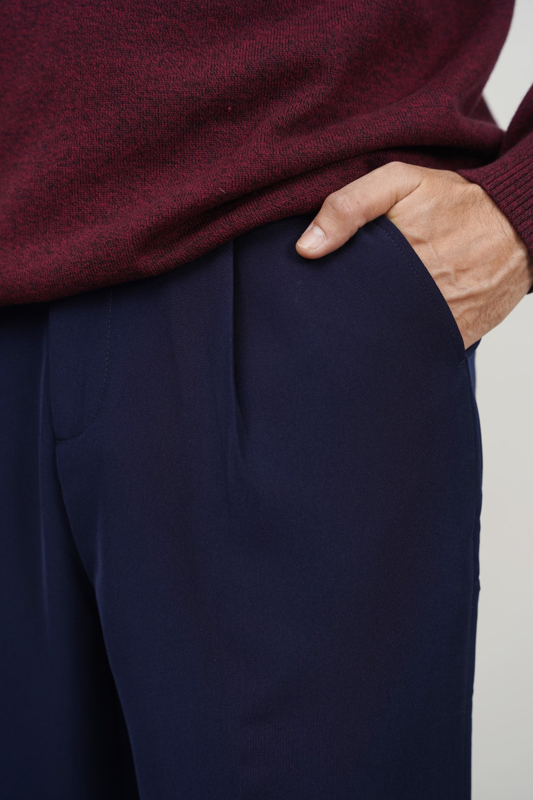 Navy Soft Terry Tailored Adjustable Pants with Elasticated Waistband and Front Pleat