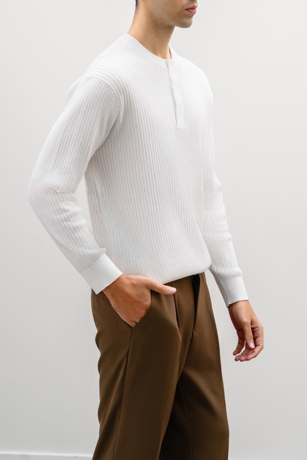 White Textured Henley Jumper - Regular to Relaxed Fit, Super Soft – Cool Havn