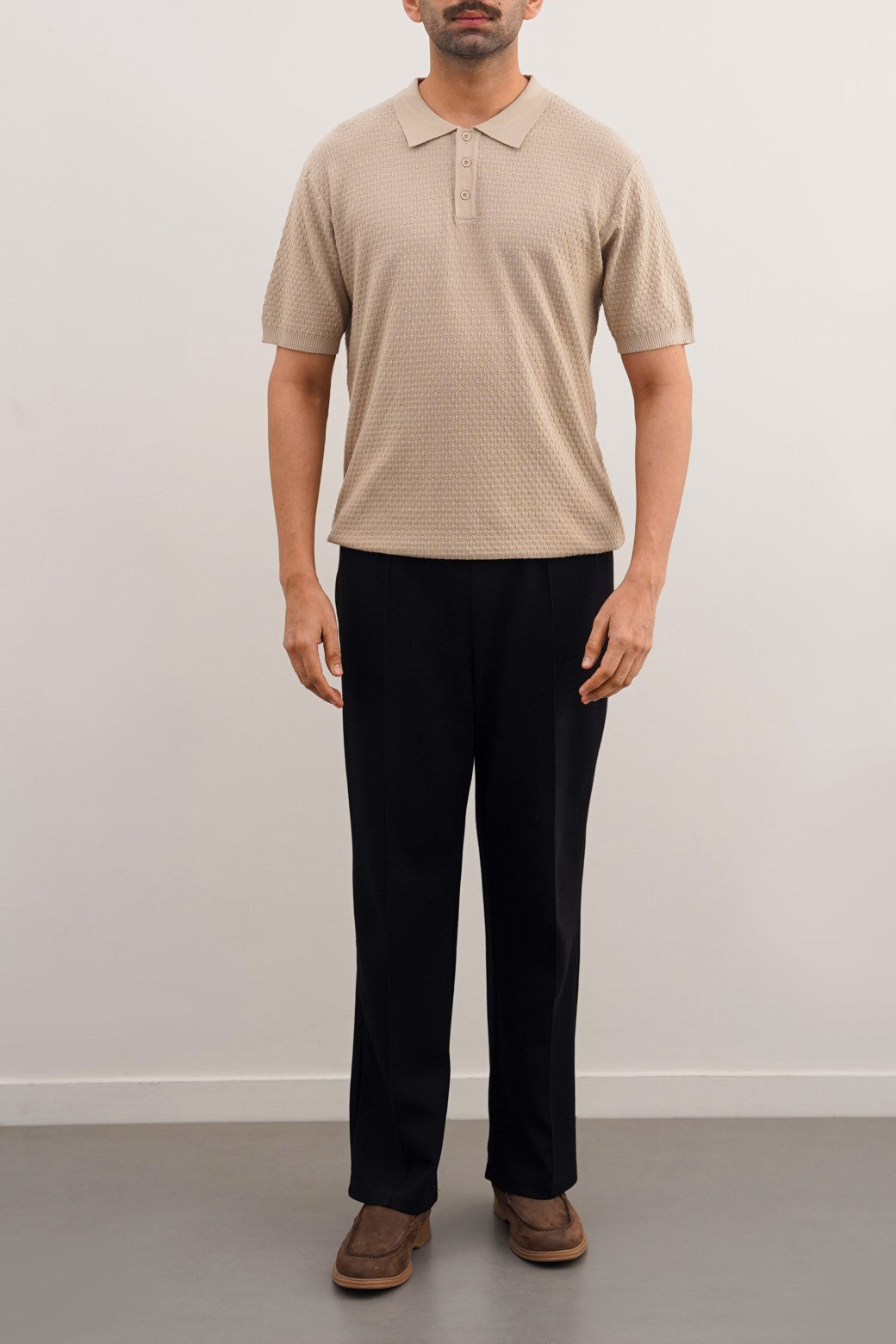 Beige Soft Textured Regular Fit Polo Shirt