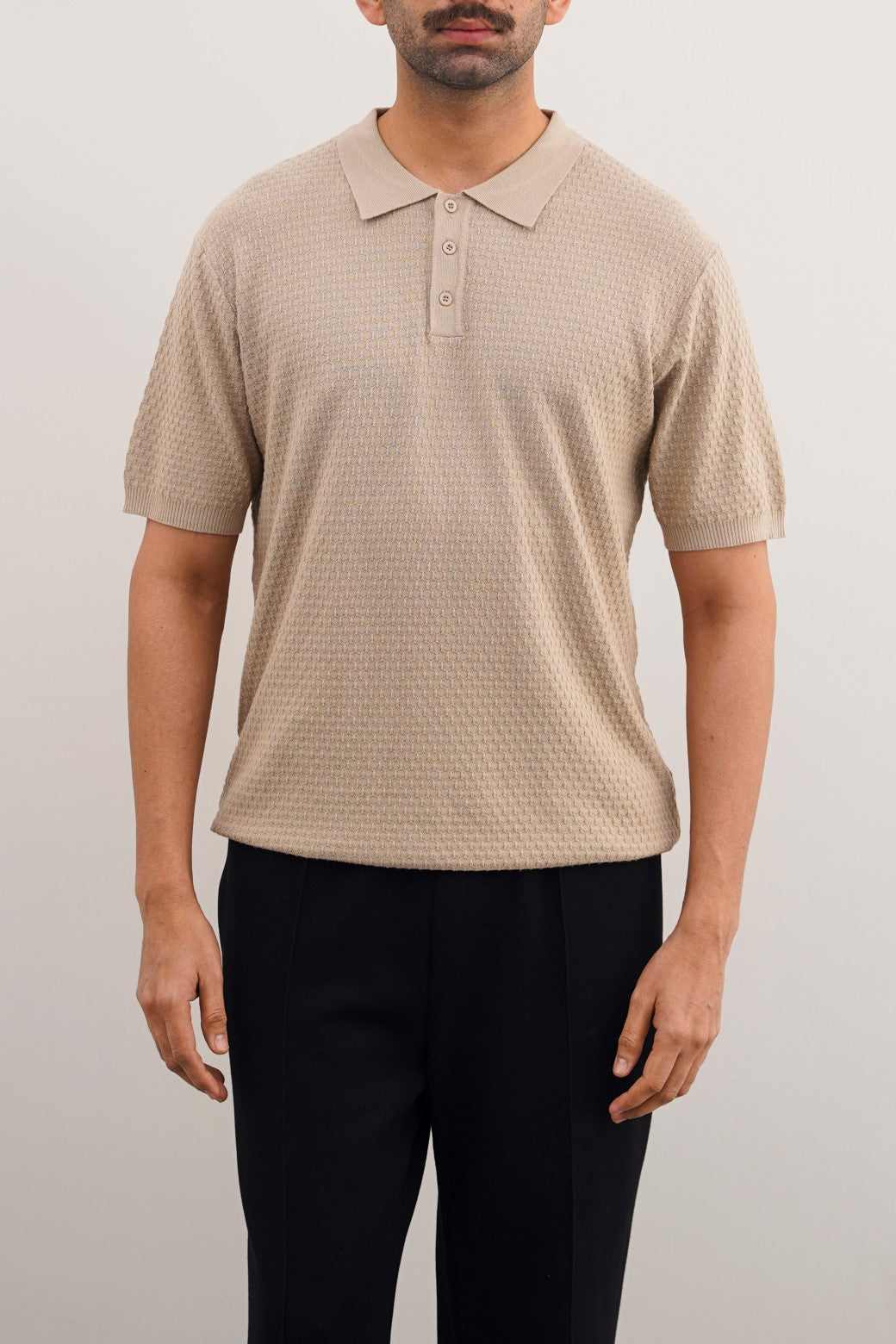 Beige Soft Textured Regular Fit Polo Shirt