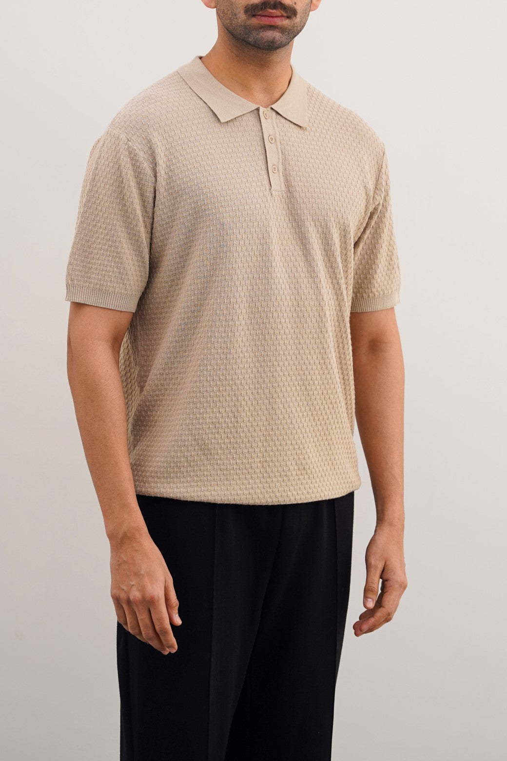 Beige Soft Textured Regular Fit Polo Shirt