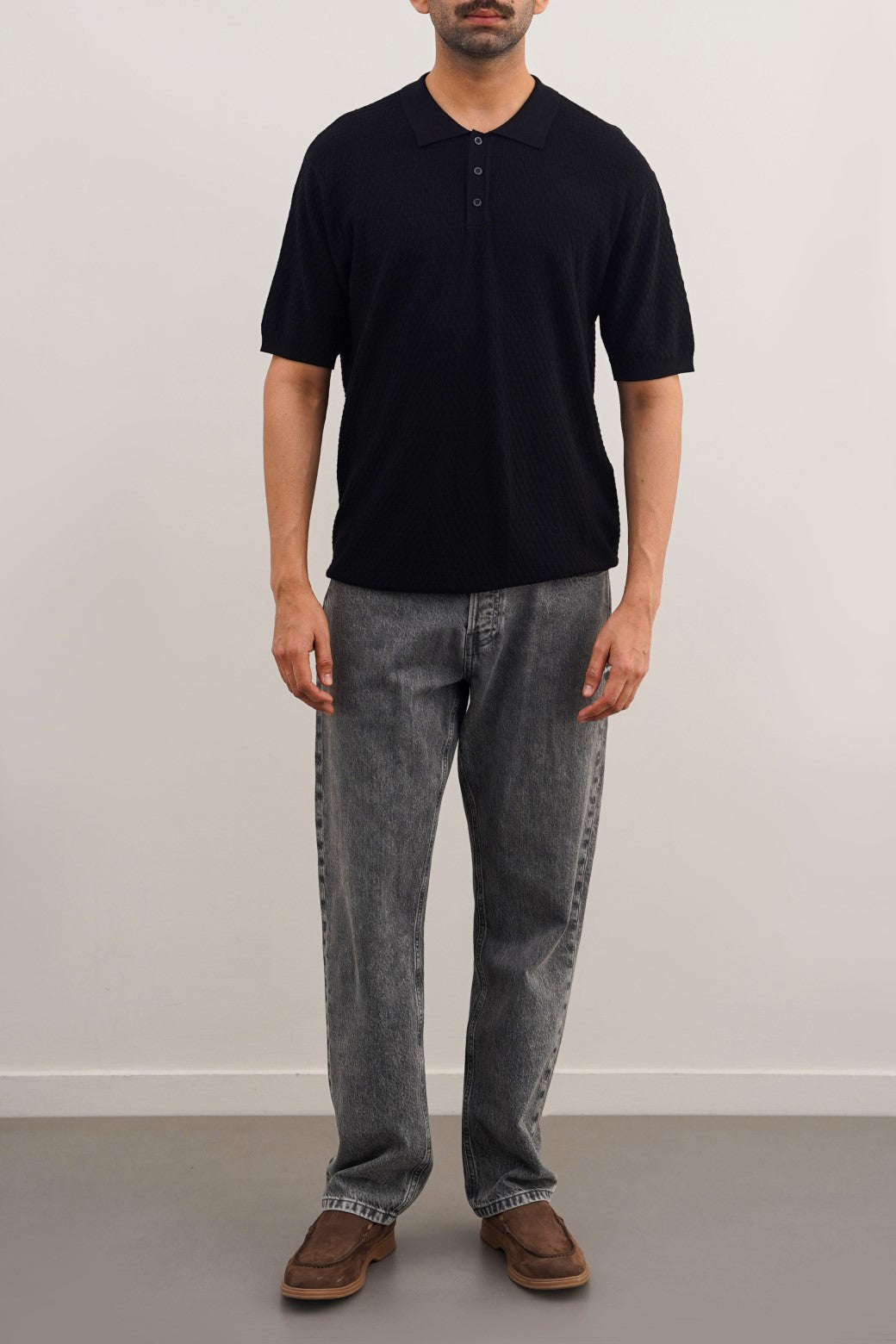 Black Soft Textured Regular Fit Polo Shirt