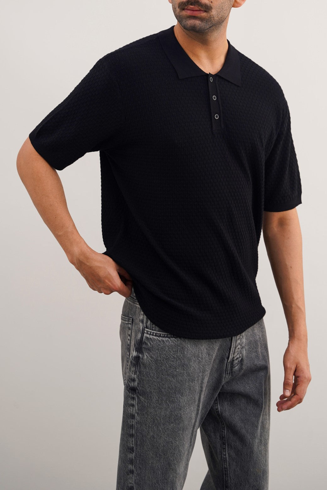 Black Soft Textured Regular Fit Polo Shirt