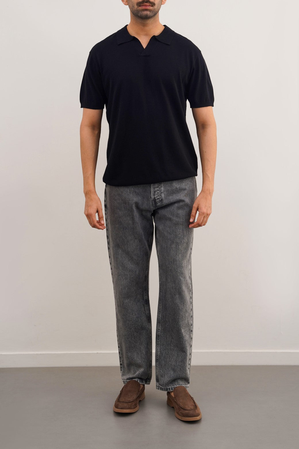 Black Relaxed Fit Soft Textured Polo Shirt