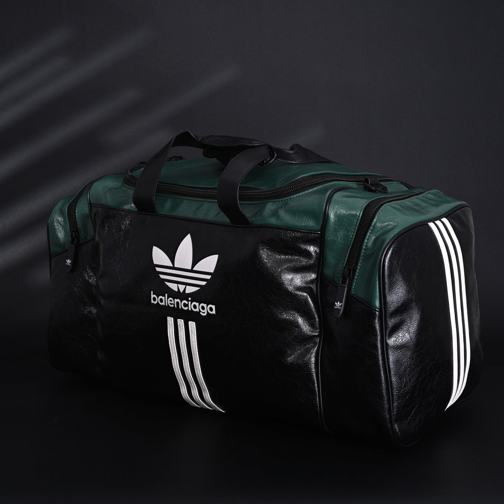 Balenciaga x adidas Large Duffel Travel Bag – Black & Green with Trefoil Logo and Triple Stripes