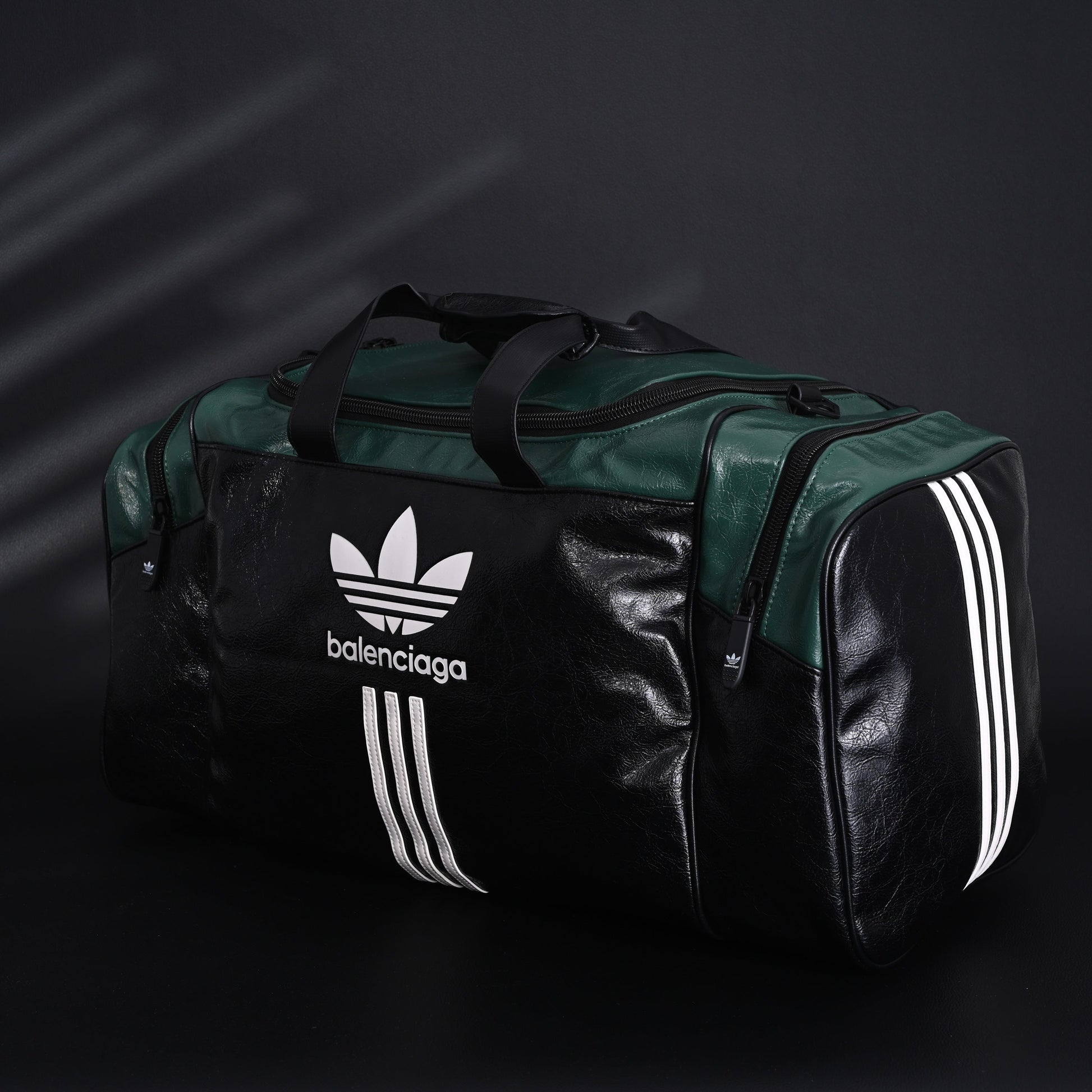 Balenciaga x adidas Large Duffel Travel Bag – Black & Green with Trefoil Logo and Triple Stripes