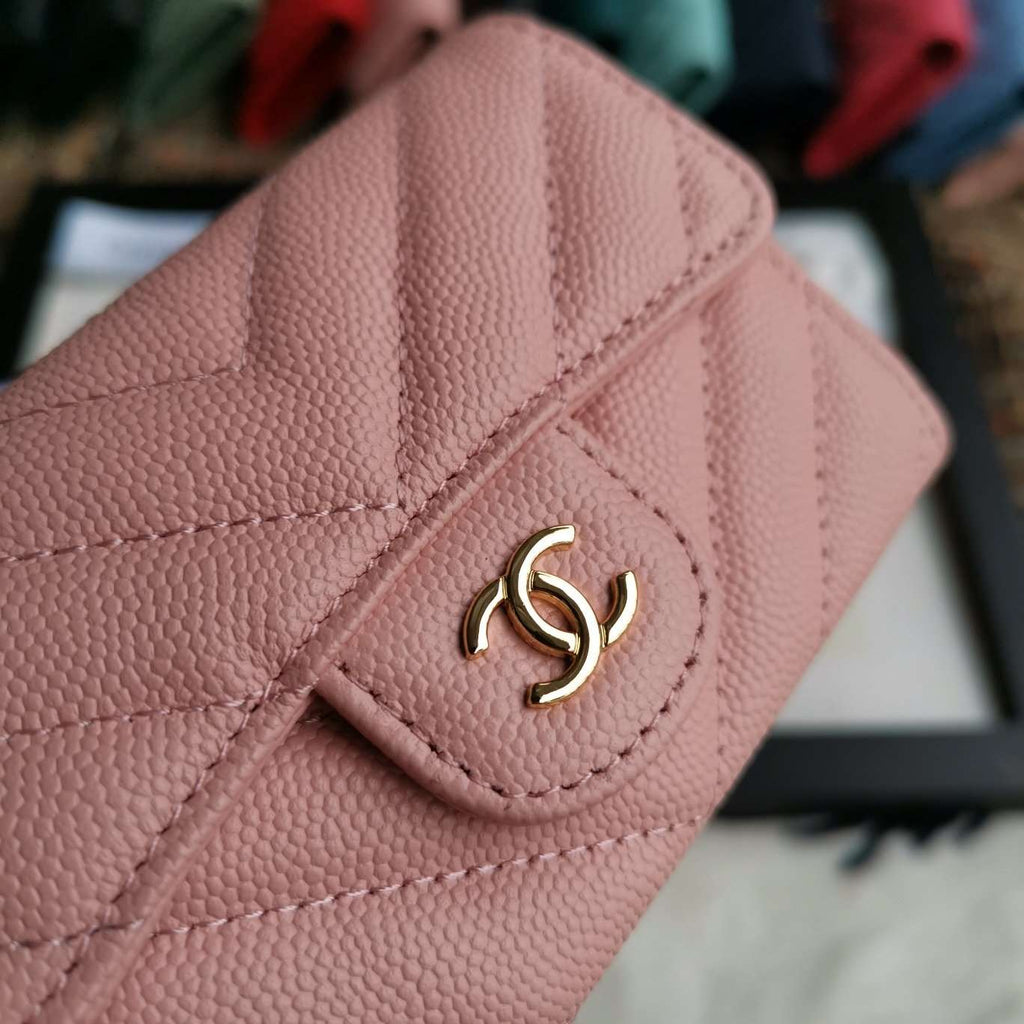 CHANEL Caviar Chevron Quilted Compact Flap Wallet Pink