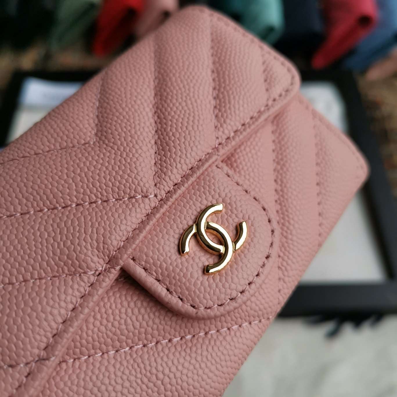 CHANEL Caviar Chevron Quilted Compact Flap Wallet Pink