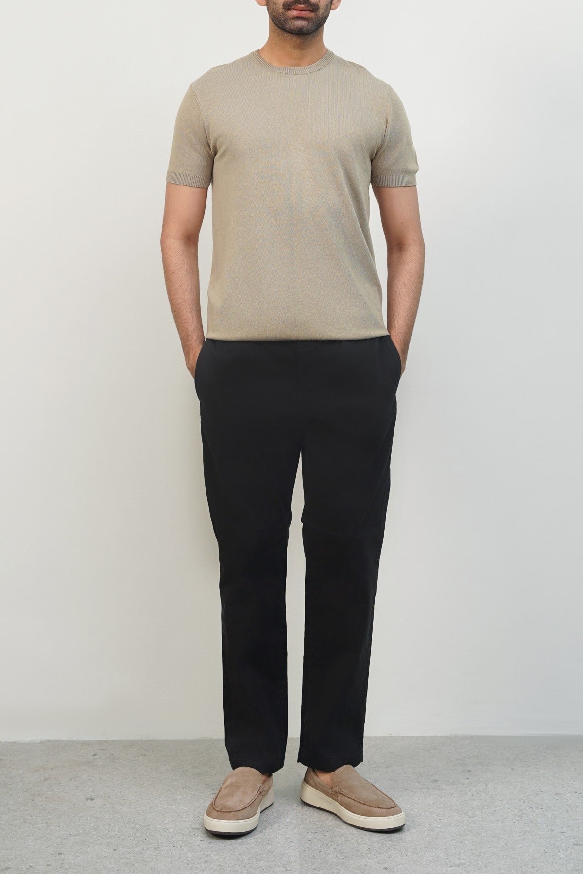 Black Soft Slim Straight Pants with Elastic Waistband