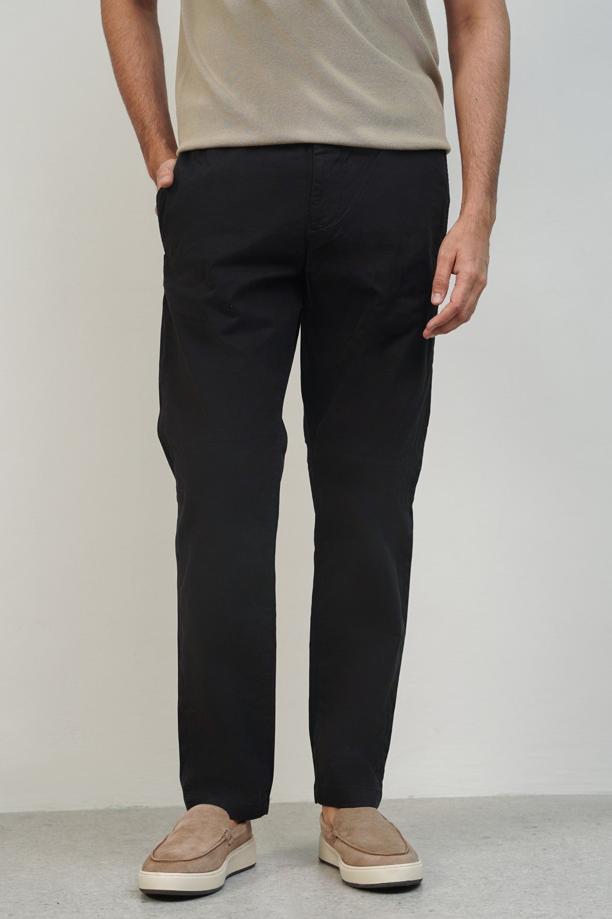 Black Soft Slim Straight Pants with Elastic Waistband