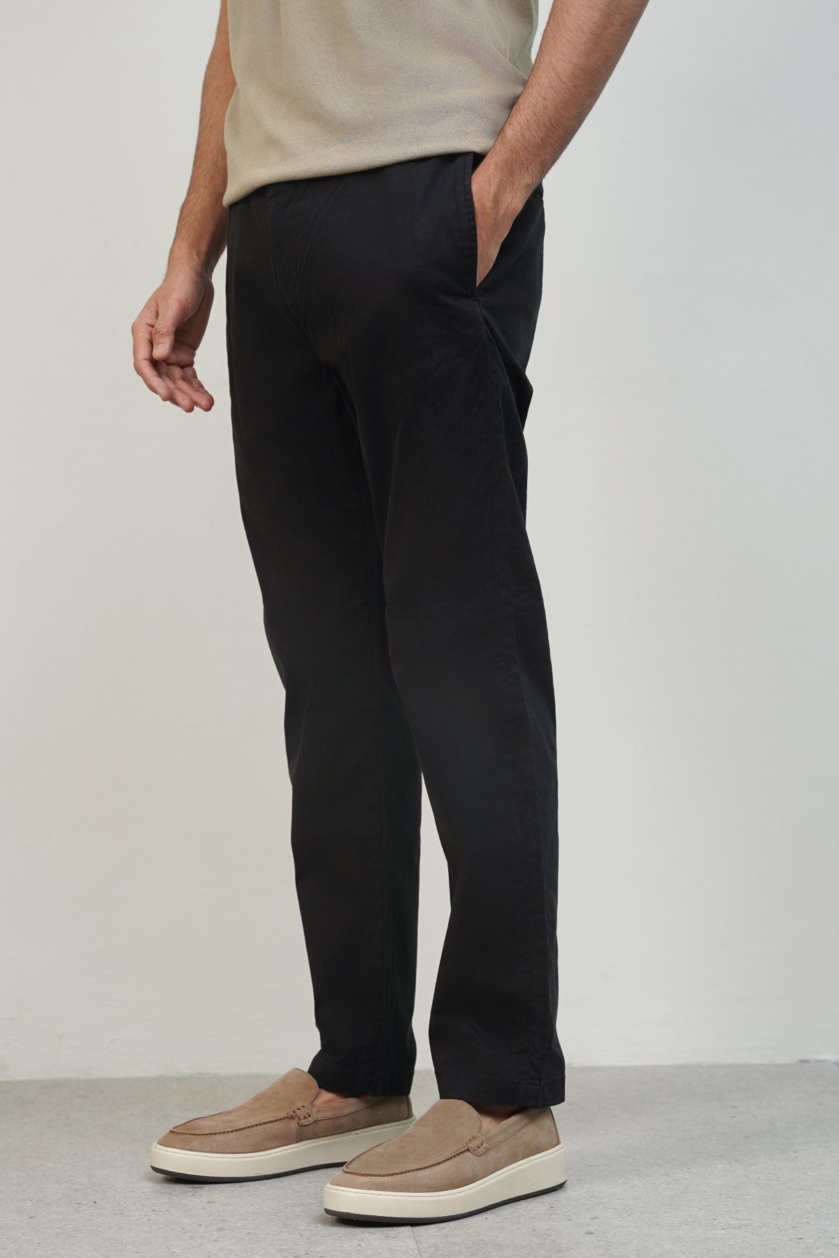 Black Soft Slim Straight Pants with Elastic Waistband